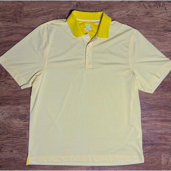 Cutter & Buck Men's Moisture Wicking Drytec Tonal Yellow/White Stripe Polo Shirt - Picture 1 of 7